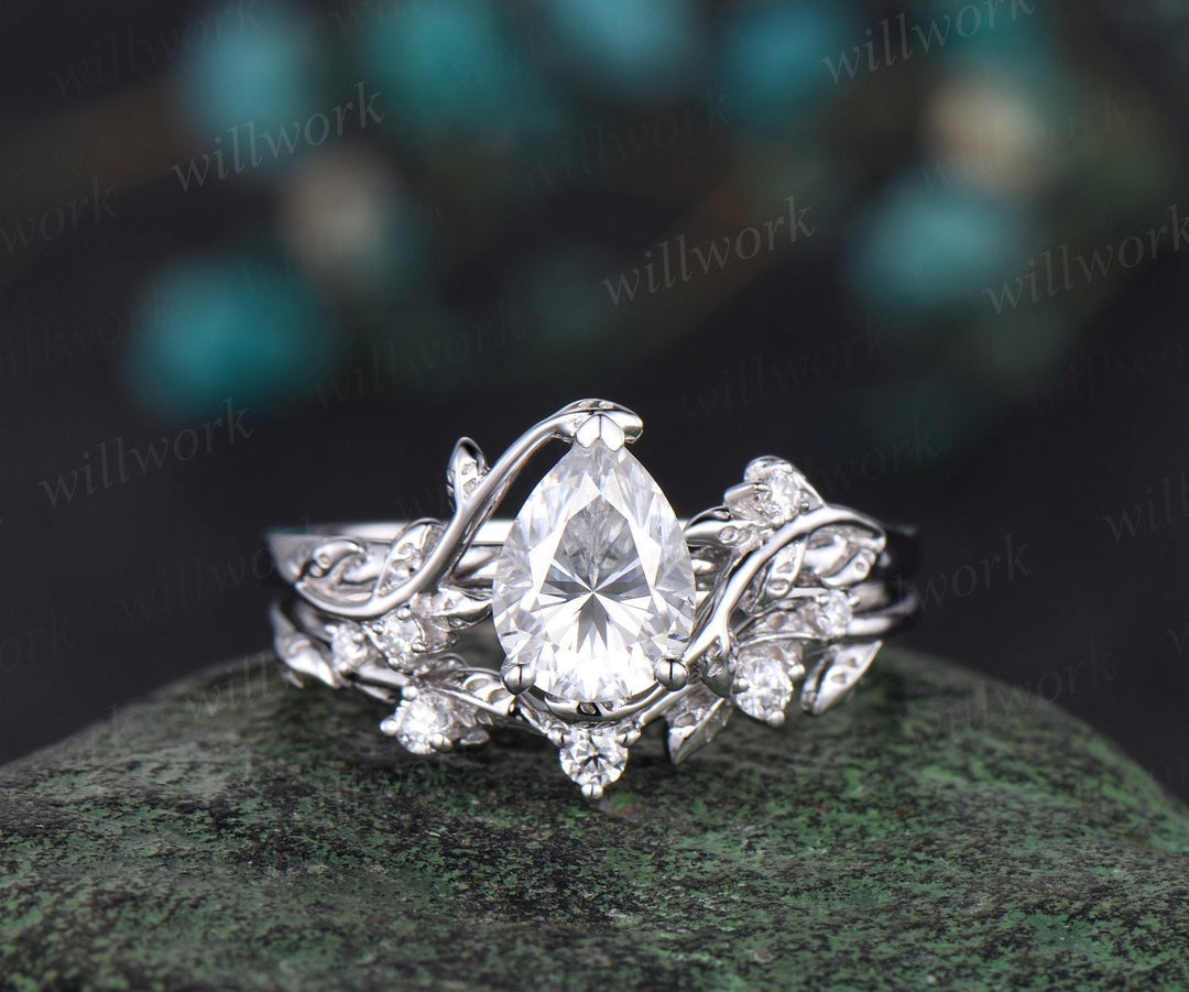 Leaf Pear shaped moissanite engagement ring set solid 14k white gold three stone diamond art deco ring women unique wedding ring set