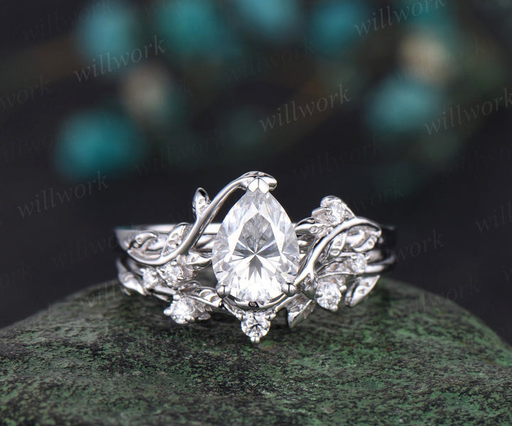 Leaf Pear shaped moissanite engagement ring set solid 14k white gold three stone diamond art deco ring women unique wedding ring set