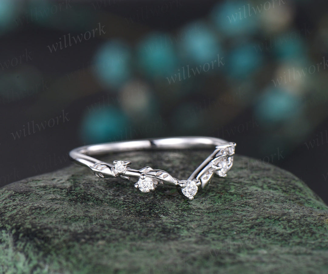 Five stone leaf diamond wedding band solid 14k white gold stacking matching bridal anniversary ring gift
