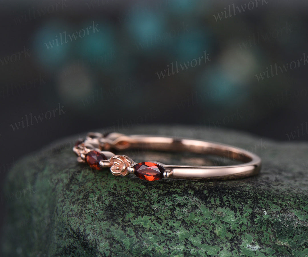 Flower marquise cut red garnet wedding band solid 14k rose gold half eternity stacking wedding ring art deco bridal anniversary ring gift