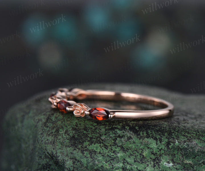 Flower marquise cut red garnet wedding band solid 14k rose gold half eternity stacking wedding ring art deco bridal anniversary ring gift