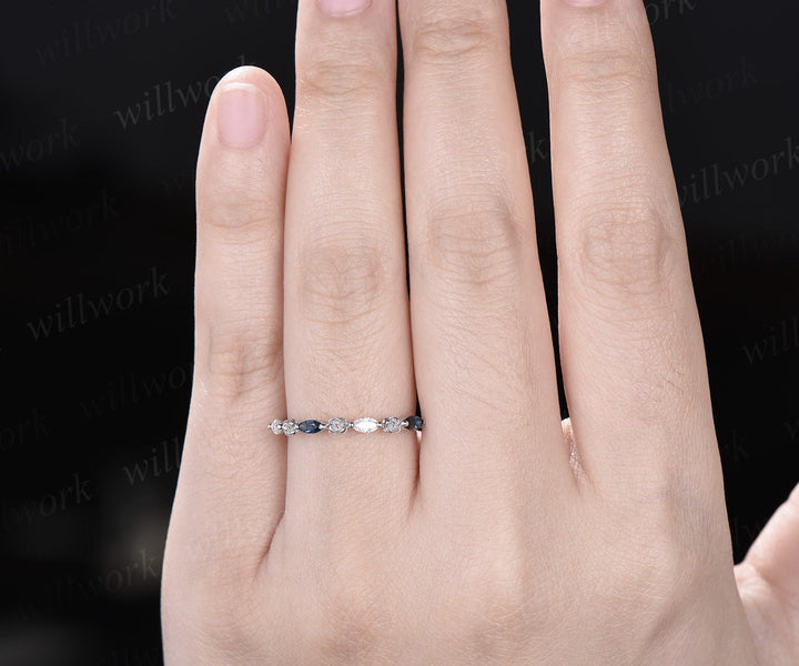 Flower marquise cut London blue topaz moissanite wedding band solid 14k white gold half eternity stacking bridal  anniversary ring gift