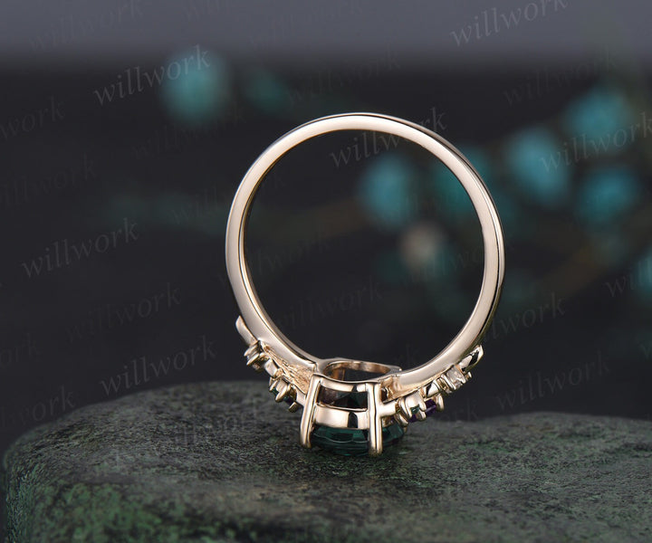 Oval cut green emerald engagement ring solid 14k yellow gold vintage leaf cluster moissanite Trilliant amethyst anniversary ring women