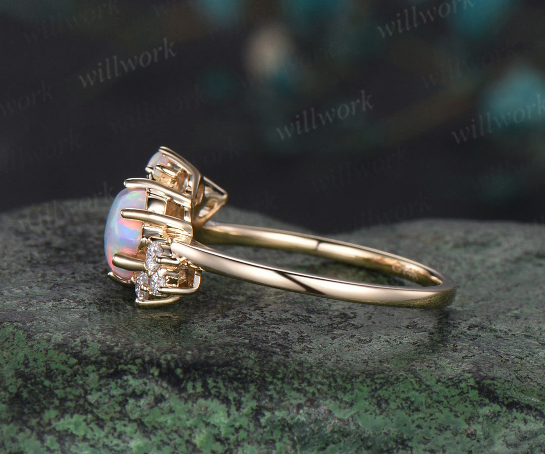Hexagon cut red garnet engagement ring solid 14k yellow gold moon opal ring vintage cluster diamond promise wedding anniversary ring women