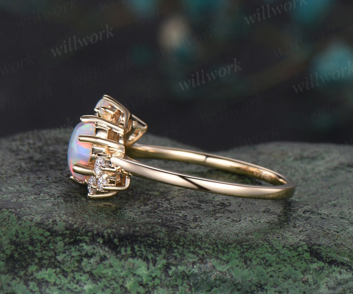Hexagon cut red garnet engagement ring solid 14k yellow gold moon opal ring vintage cluster diamond promise wedding anniversary ring women