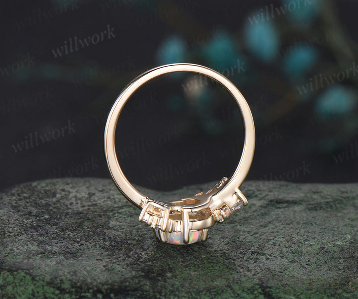Hexagon cut red garnet engagement ring solid 14k yellow gold moon opal ring vintage cluster diamond promise wedding anniversary ring women