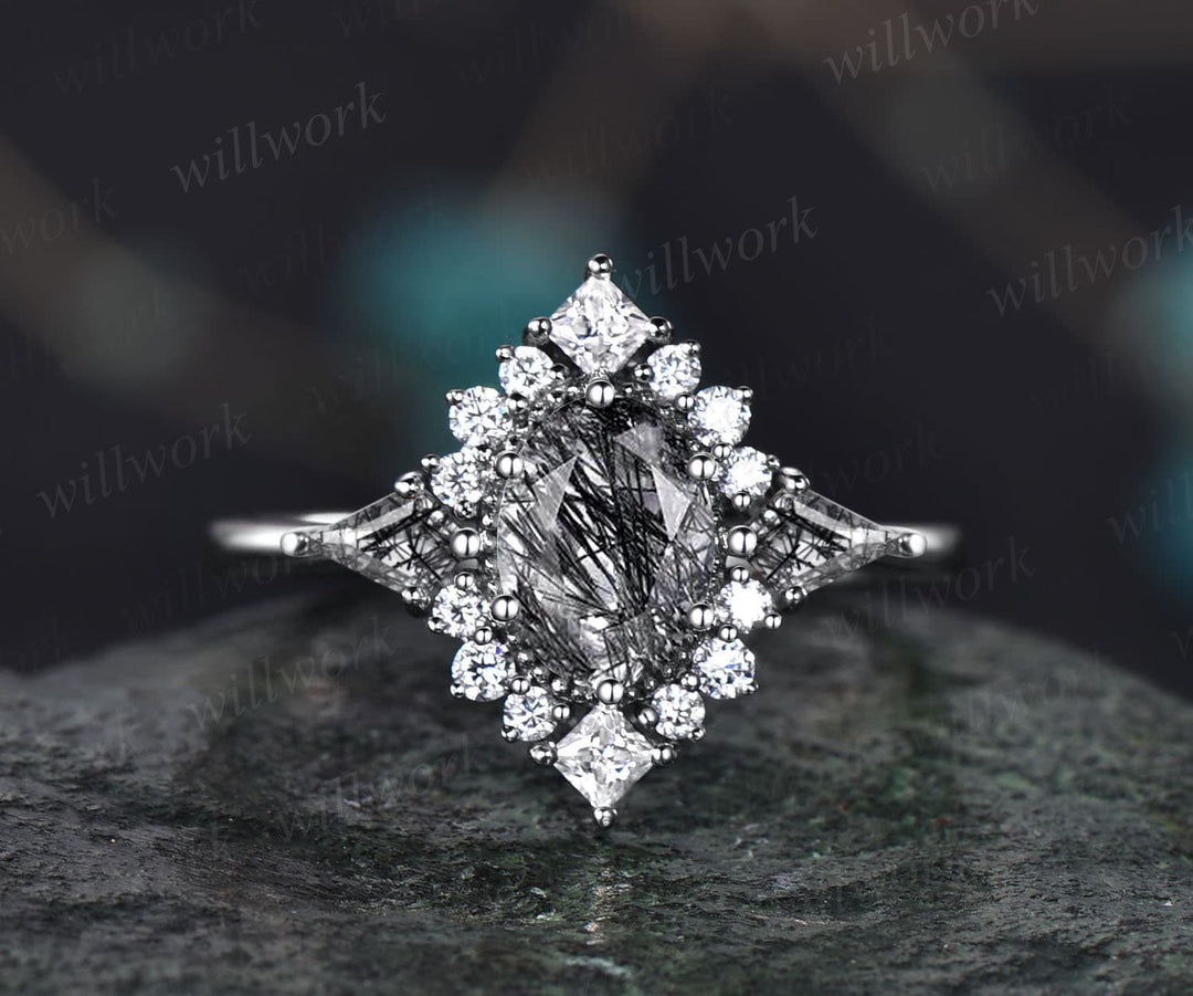 Vintage oval black rutilated quartz engagement ring 14k rose gold halo princess diamond ring kite retro wedding anniversary ring women