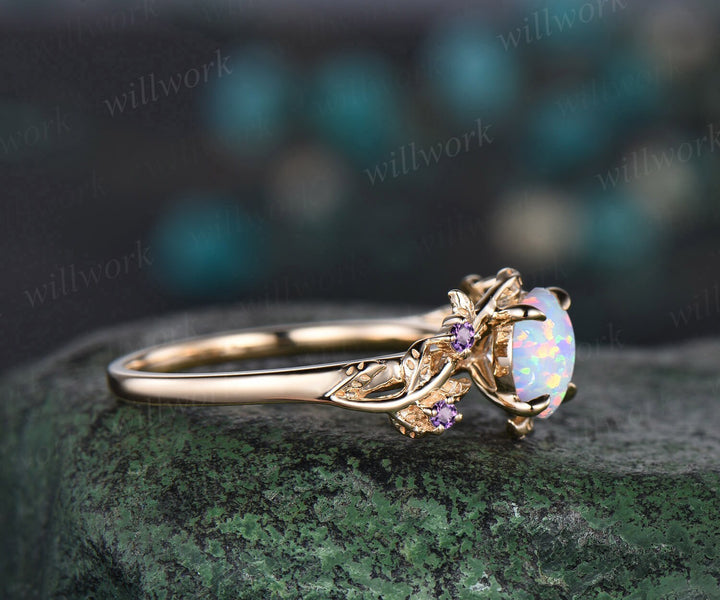 Round white opal ring vintage yellow gold leaf nature inspired unique engagement ring five stone amethyst bridal wedding ring women