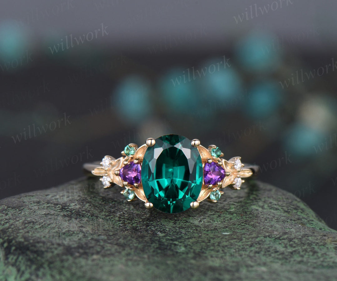Oval cut green emerald engagement ring solid 14k yellow gold vintage leaf cluster moissanite Trilliant amethyst anniversary ring women