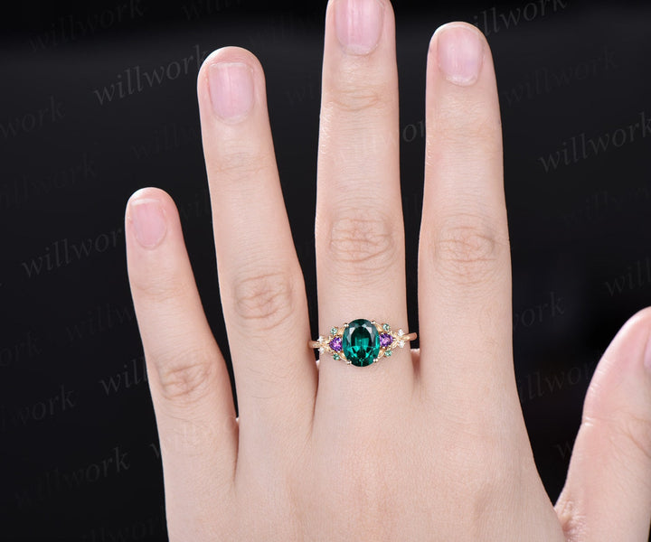 Oval cut green emerald engagement ring solid 14k yellow gold vintage leaf cluster moissanite Trilliant amethyst anniversary ring women