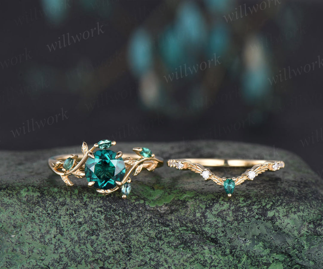 Vintage round cut green emerald engagement ring yellow gold cluster leaf nature inspired moissanite bridal promise wedding ring set women