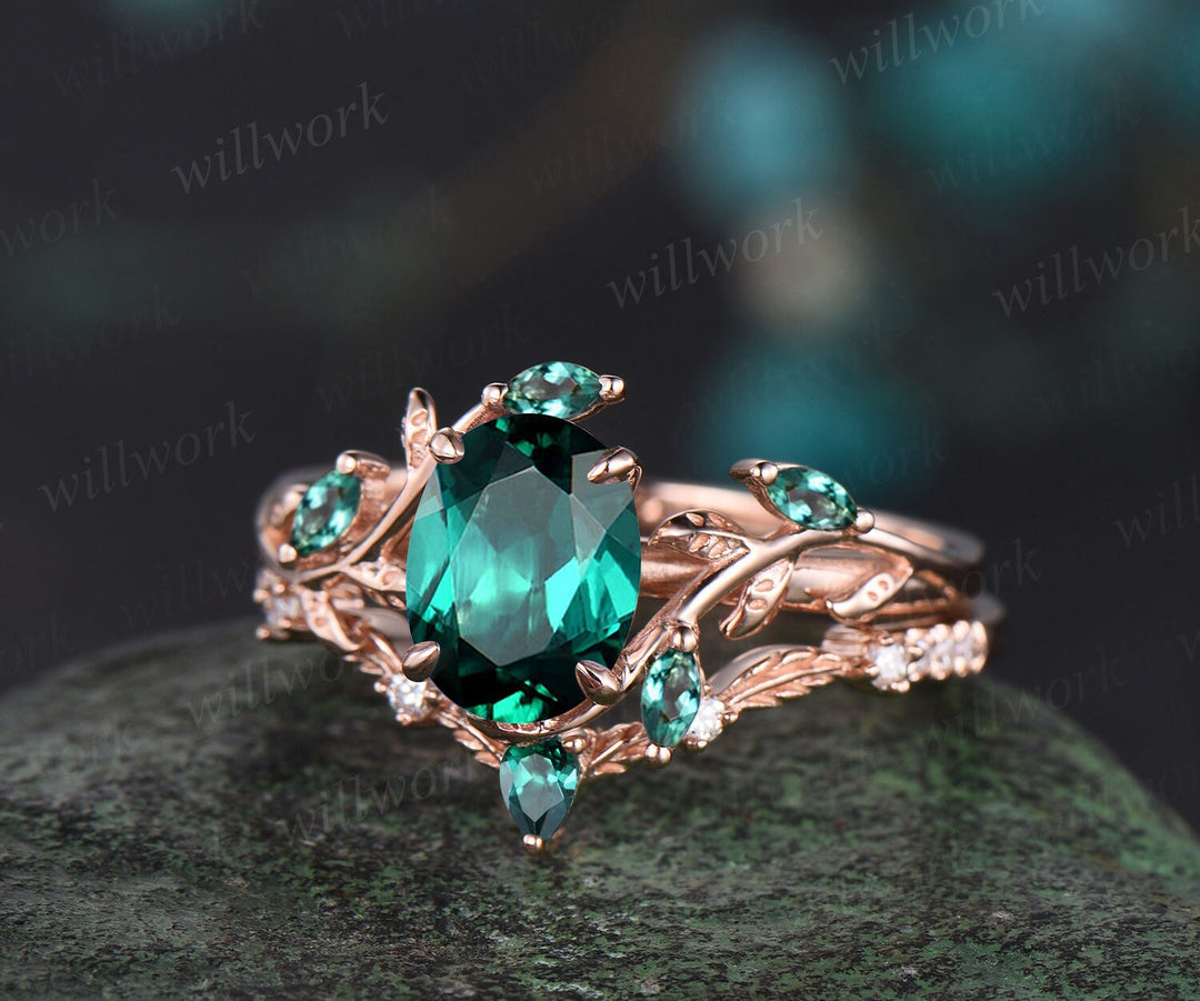 Vintage oval cut green emerald engagement ring rose gold cluster leaf nature inspired moissanite bridal promise wedding ring set women