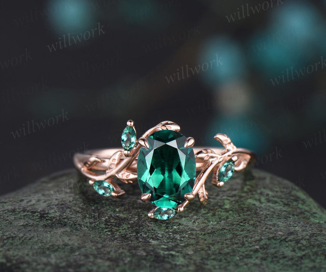 Vintage oval cut green emerald engagement ring rose gold cluster leaf nature inspired moissanite bridal promise wedding ring set women