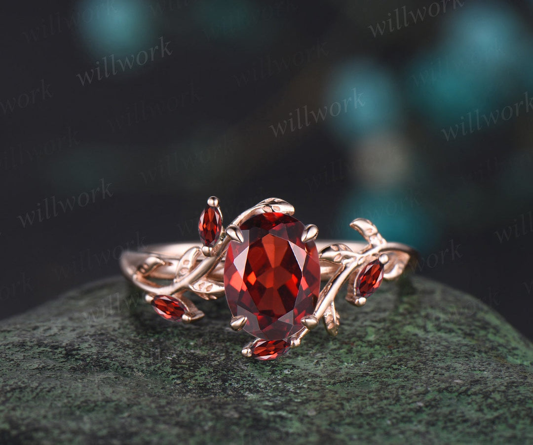 Vintage oval cut red garnet engagement ring rose gold art deco cluster leaf nature inspired bridal promise wedding ring set women gift