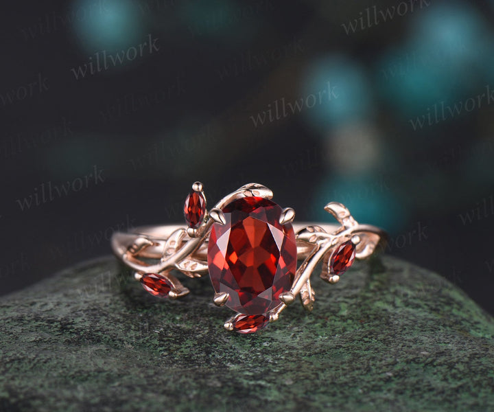 Vintage oval cut red garnet engagement ring rose gold art deco cluster leaf nature inspired bridal promise wedding ring set women gift