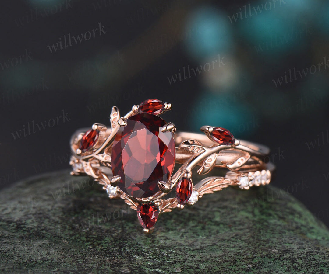 Vintage oval cut red garnet engagement ring rose gold art deco cluster leaf nature inspired bridal promise wedding ring set women gift