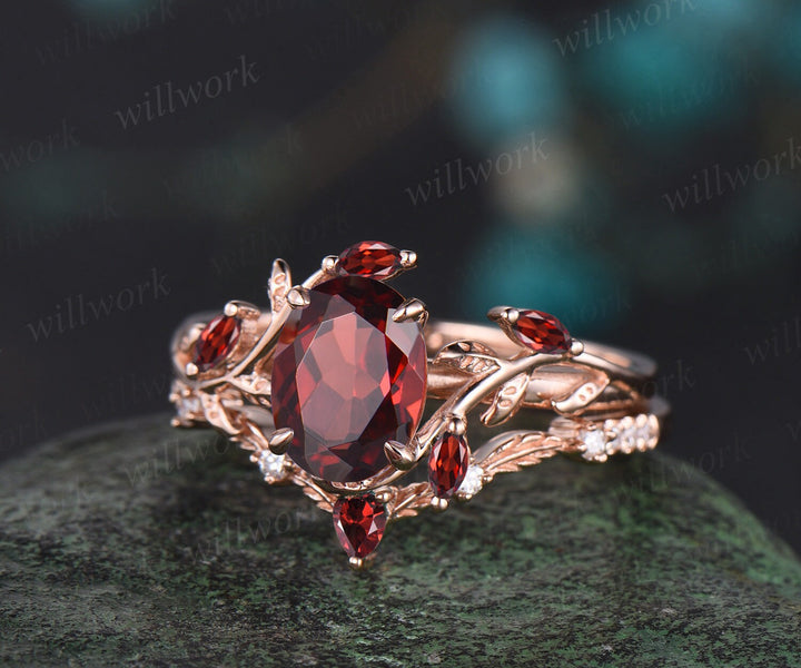 Vintage oval cut red garnet engagement ring rose gold art deco cluster leaf nature inspired bridal promise wedding ring set women gift