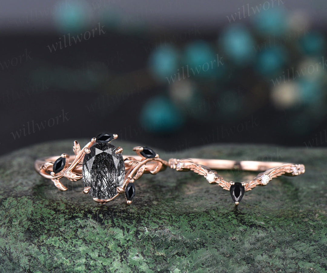 Vintage oval cut black rutilated quartz engagement ring rose gold art deco leaf nature inspired black spinel bridal wedding ring set women