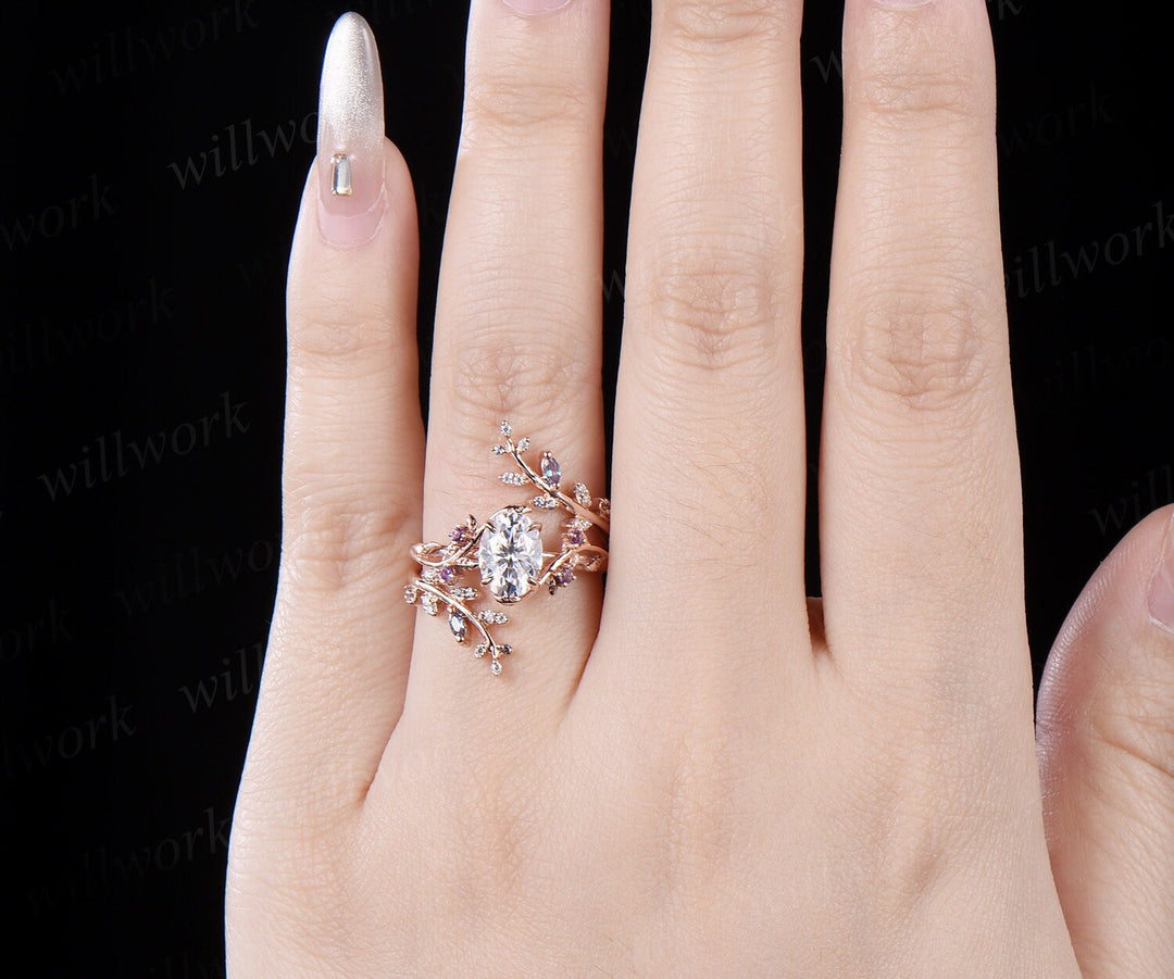 Vintage oval cut moissanite engagement ring nature inspired leaf amethyst ring rose gold wedding band enhancer twisted bridal ring set women