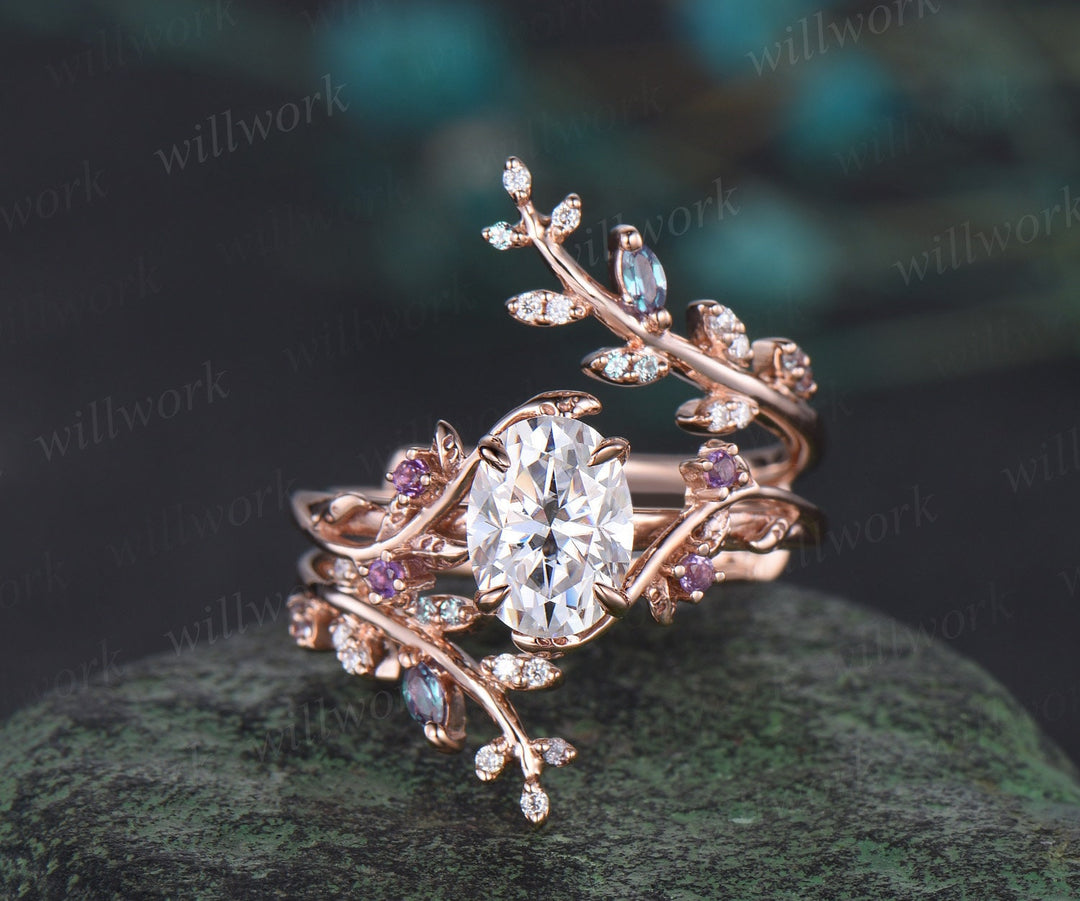 Vintage oval cut moissanite engagement ring nature inspired leaf amethyst ring rose gold wedding band enhancer twisted bridal ring set women