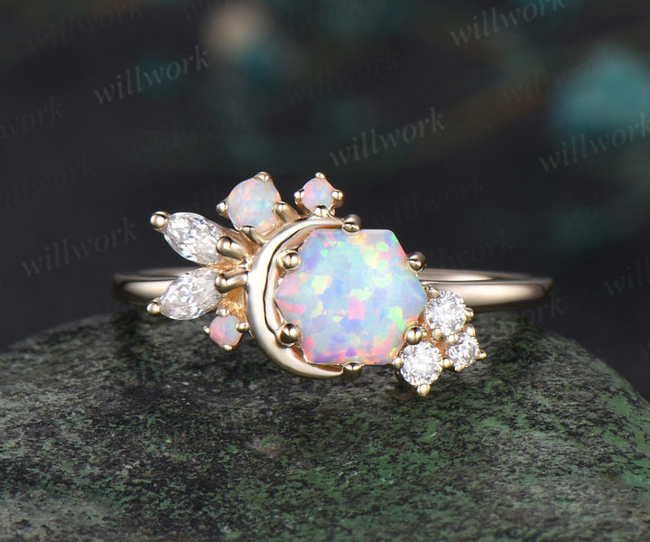 Hexagon white opal engagement ring solid 14k yellow gold cluster moon ring vintage cluster diamond promise wedding anniversary ring women