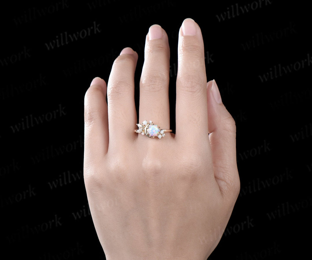 Hexagon white opal engagement ring solid 14k yellow gold cluster moon ring vintage cluster diamond promise wedding anniversary ring women