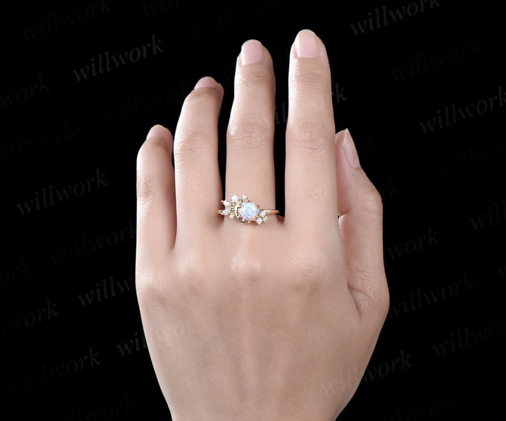 Hexagon white opal engagement ring solid 14k yellow gold cluster moon ring vintage cluster diamond promise wedding anniversary ring women
