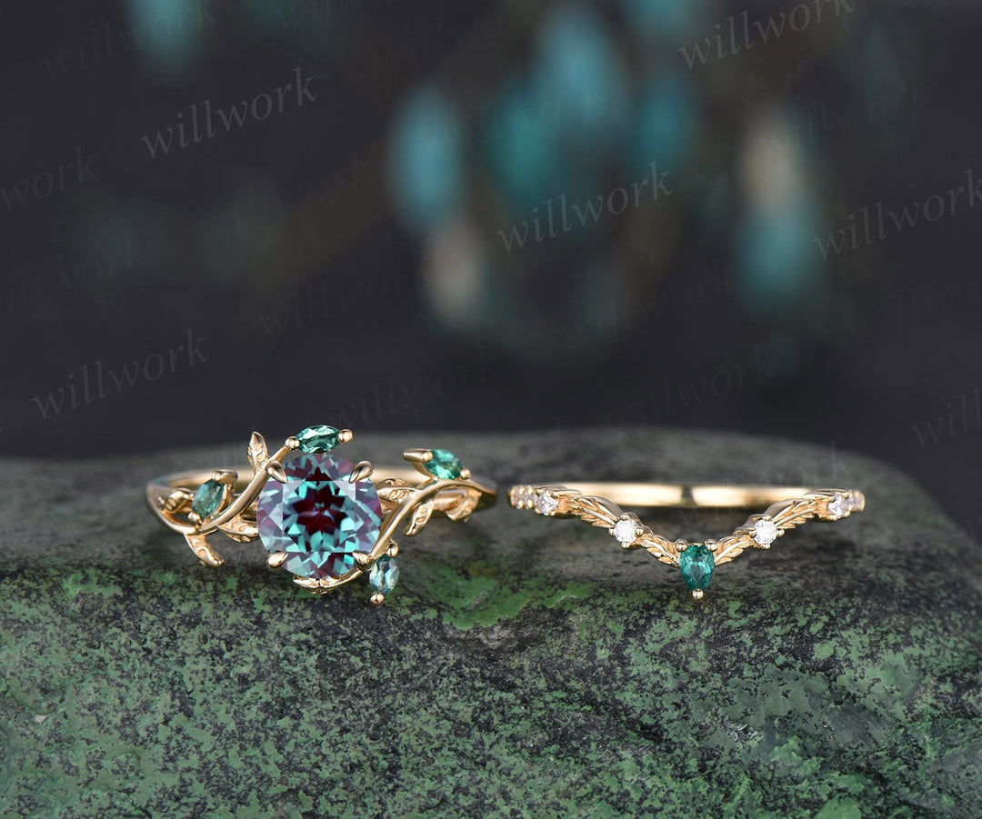 Vintage round cut Alexandrite engagement ring 14k yellow gold cluster leaf nature inspired emerald bridal promise wedding ring set women