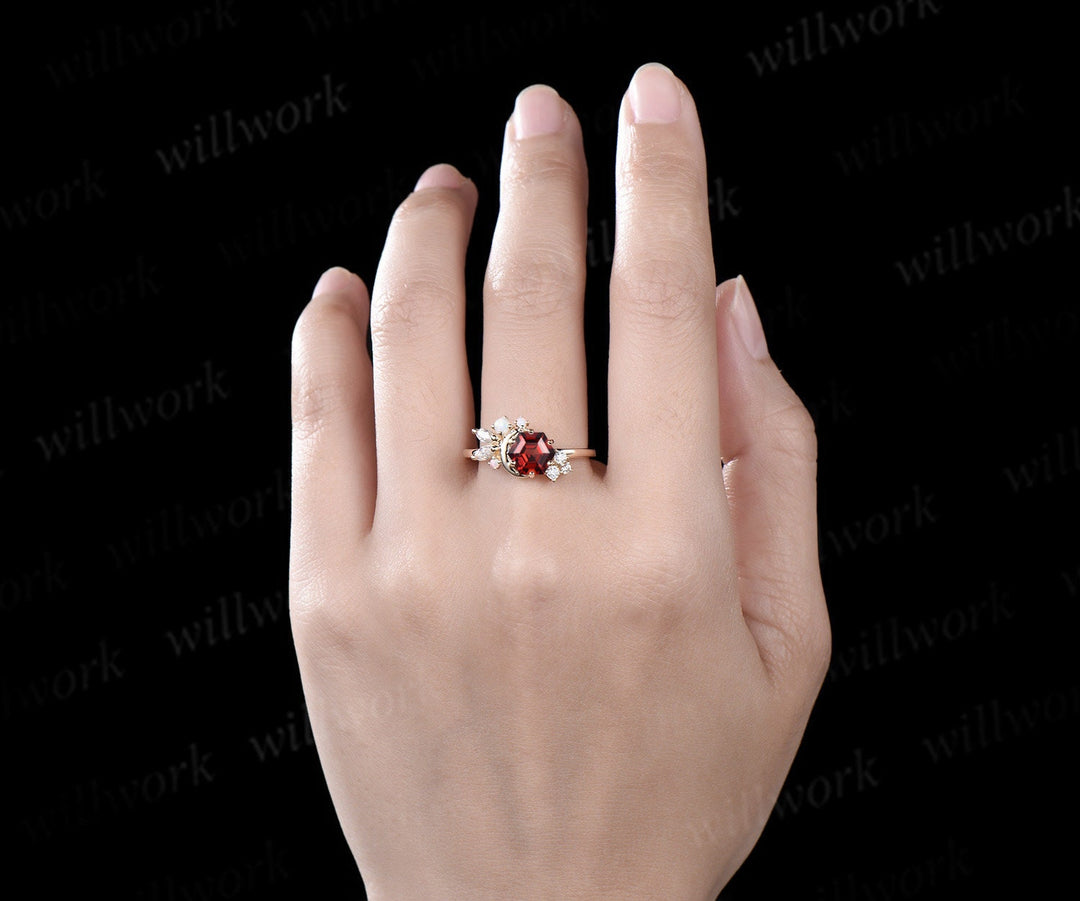 Hexagon cut red garnet engagement ring solid 14k yellow gold moon opal ring vintage cluster diamond promise wedding anniversary ring women