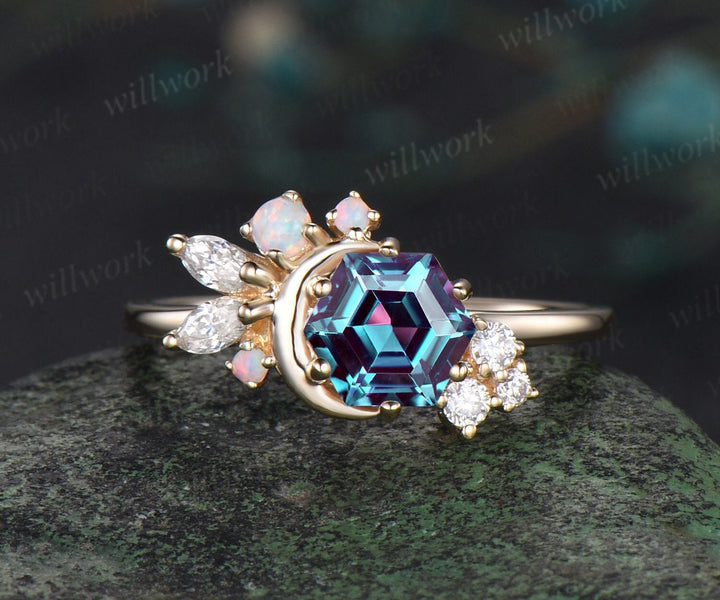 Hexagon cut alexandrite ring yellow gold vintage moon engagement ring dainty cluster diamond opal ring women unique anniversary wedding ring