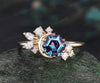 Hexagon cut alexandrite ring yellow gold vintage moon engagement ring dainty cluster diamond opal ring women unique anniversary wedding ring
