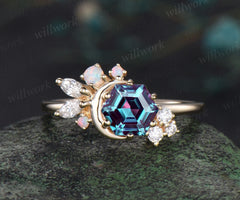Hexagon cut alexandrite ring yellow gold vintage moon engagement ring dainty cluster diamond opal ring women unique anniversary wedding ring