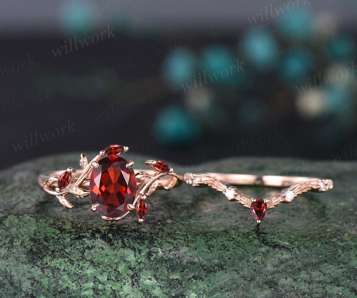 Vintage oval cut red garnet engagement ring rose gold art deco cluster leaf nature inspired bridal promise wedding ring set women gift