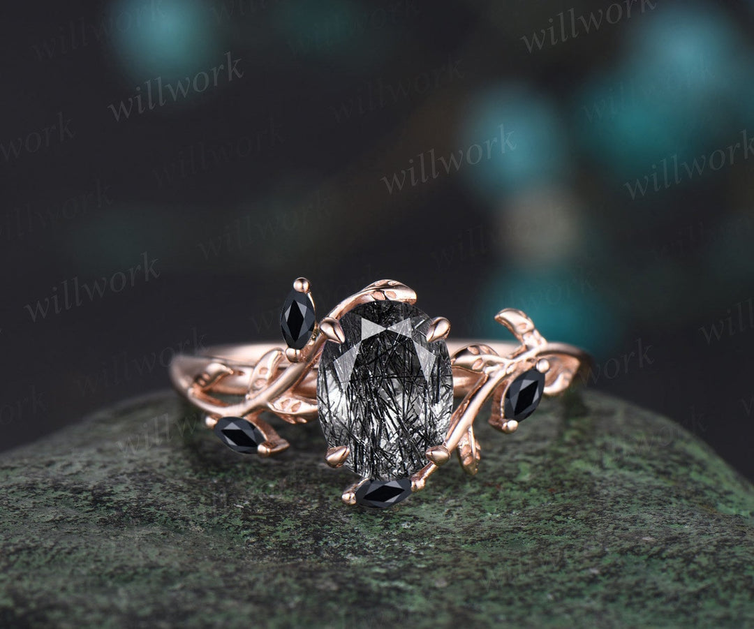 Vintage oval cut black rutilated quartz engagement ring rose gold art deco leaf nature inspired black spinel bridal wedding ring set women