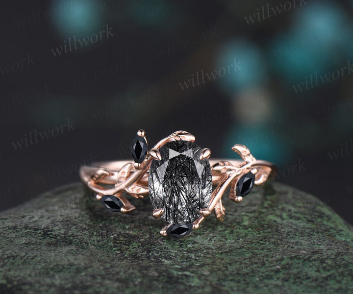Vintage oval cut black rutilated quartz engagement ring rose gold art deco leaf nature inspired black spinel bridal wedding ring set women