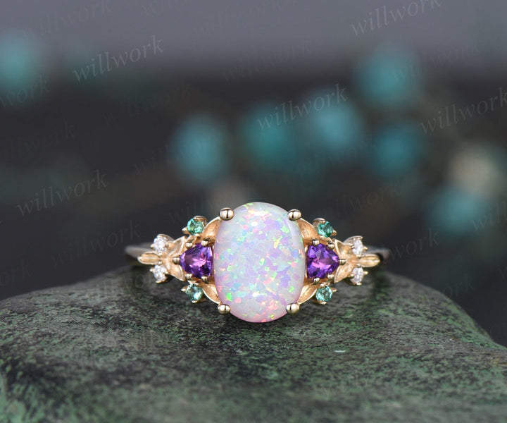Oval white opal engagement ring solid 14k yellow gold vintage leaf cluster moissanite Trilliant amethyst anniversary ring women