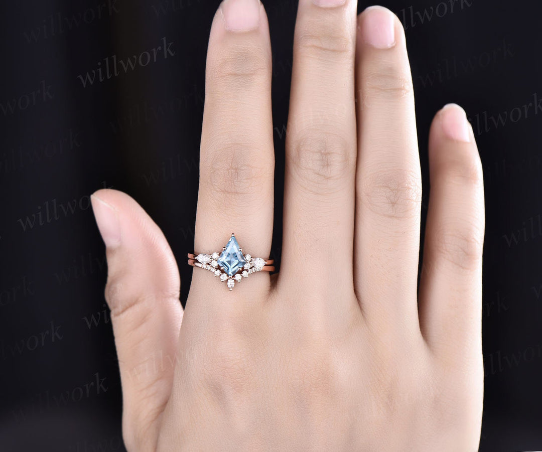 Kite cut natural aquamarine engagement ring set 14k white gold marquise cut diamond ring women unique bridal wedding ring set jewelry