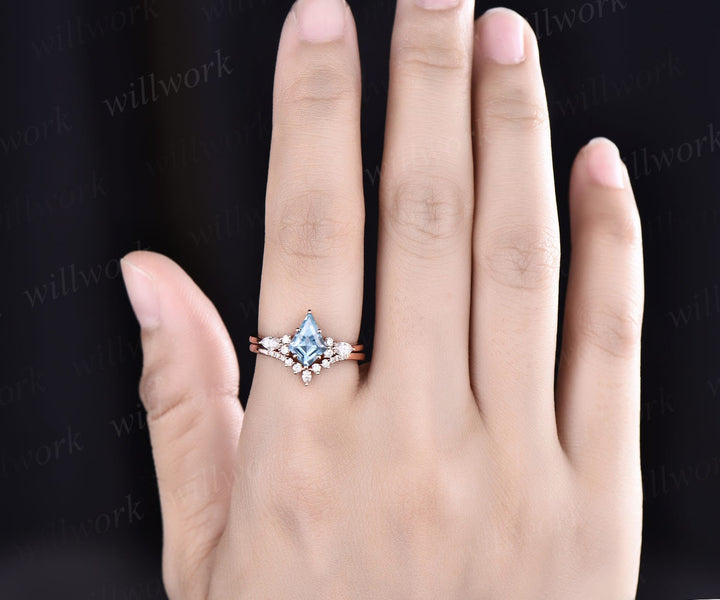 Kite cut natural aquamarine engagement ring set 14k white gold marquise cut diamond ring women unique bridal wedding ring set jewelry