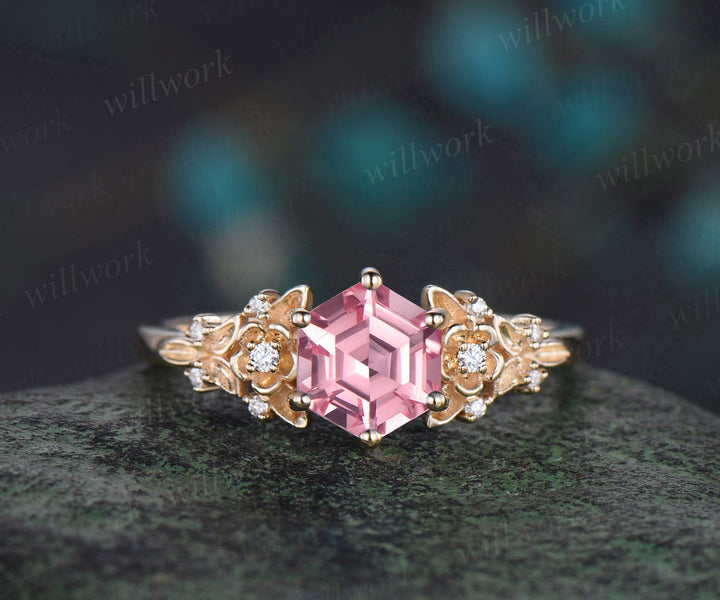 Hexagon cut Padparadscha sapphire engagement ring 14K yellow gold leaf floral antique unique cluster diamond bridal wedding ring women gift