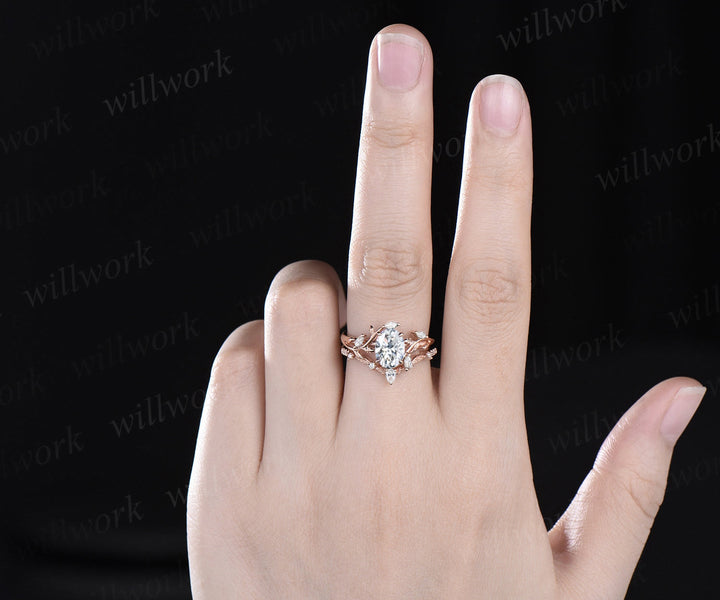 Vintage oval cut moissanite engagement ring 14k rose gold leaf nature inspired ring women unique cluster diamond bridal wedding ring set