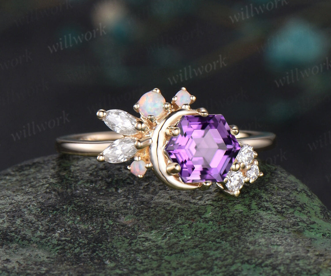 Hexagon cut amethyst engagement ring solid 14k yellow gold moon opal ring vintage cluster diamond Crystal wedding anniversary ring women