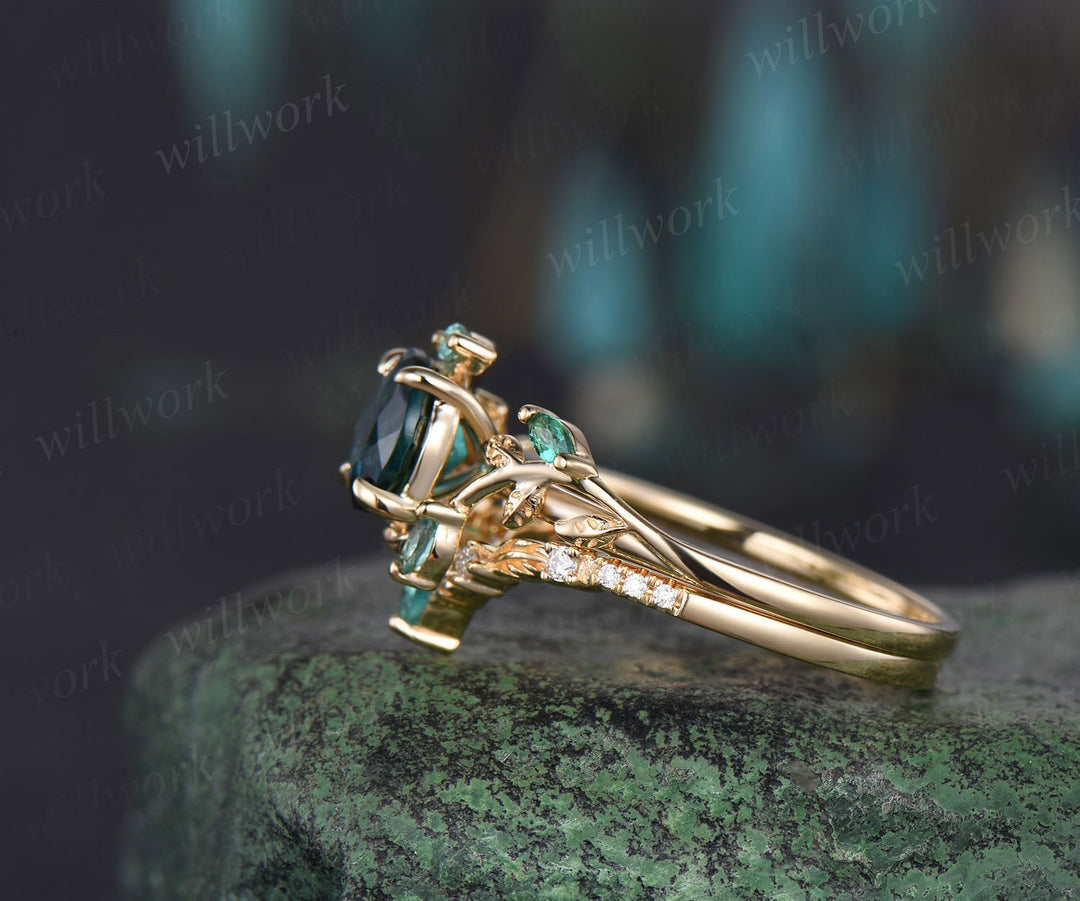 Vintage round cut Alexandrite engagement ring 14k yellow gold cluster leaf nature inspired emerald bridal promise wedding ring set women