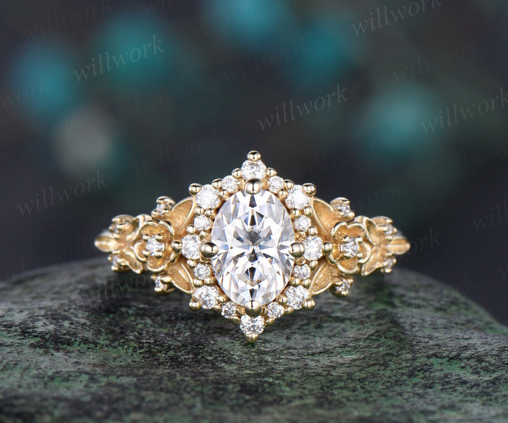 Vintage oval cut IGI Lab grown diamond engagement ring solid 14k yellow gold snowdrift halo diamond unique promise wedding ring women jewelry