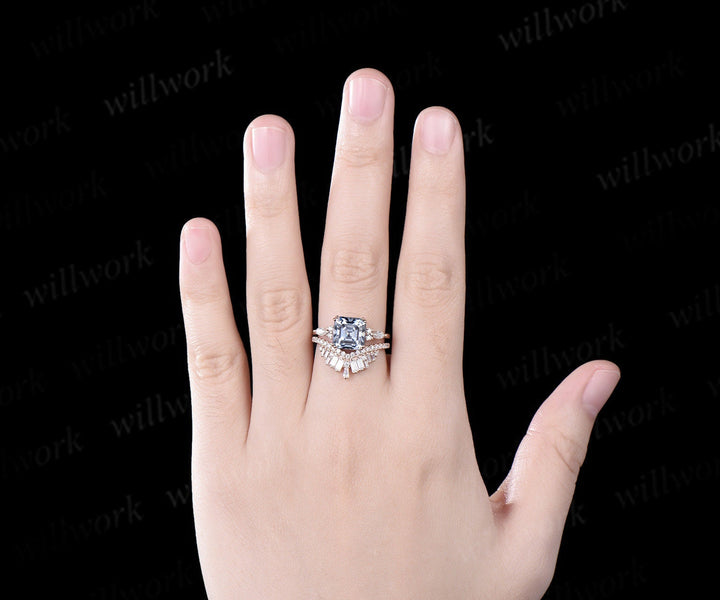 Asscher cut gray moissanite engagement ring 14k rose gold 8 prong stacking Baguette cut moissanite promise wedding ring set women