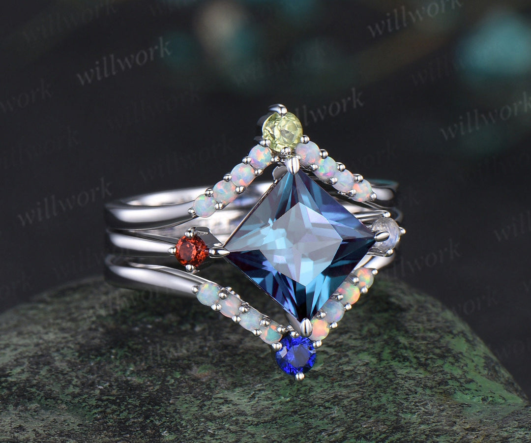 Princess cut Alexandrite engagement ring white gold opal moonstone sapphire garnet peridot bridal wedding ring set women gift jewelry