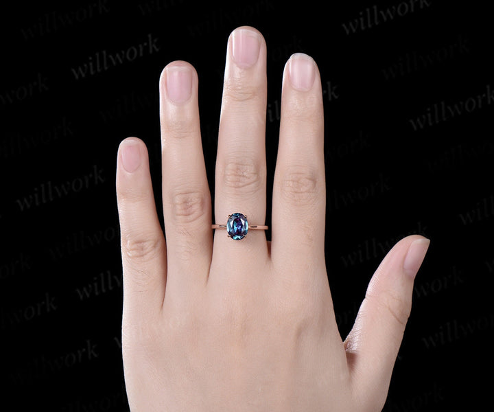 2ct oval cut Alexandrite engagement ring solid 14k rose gold under halo diamond ring vintage unique bridal promise wedding ring women
