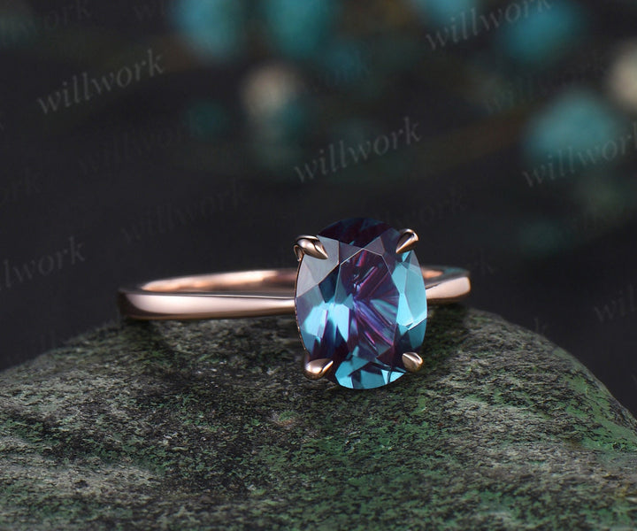 2ct oval cut Alexandrite engagement ring solid 14k rose gold under halo diamond ring vintage unique bridal promise wedding ring women