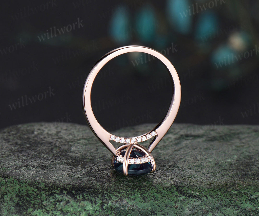 2ct oval cut Alexandrite engagement ring solid 14k rose gold under halo diamond ring vintage unique bridal promise wedding ring women