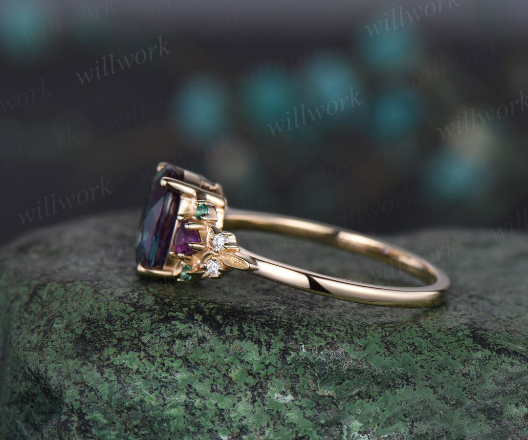 Oval cut Alexandrite engagement ring solid 14k yellow gold vintage leaf cluster emerald Trilliant amethyst anniversary ring women