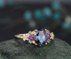 Oval cut Alexandrite engagement ring solid 14k yellow gold vintage leaf cluster emerald Trilliant amethyst anniversary ring women